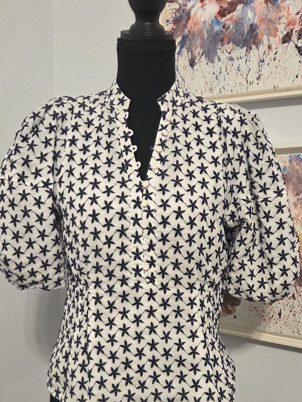 Club Monaco White Blouse with Blue Embroidery Motif